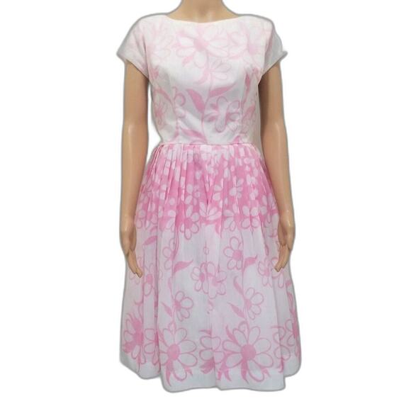 1950s Pink White Floral Handmade Pleated Fit Flare Short Sleeve Puffy Midi Dress - Picture 1 of 8